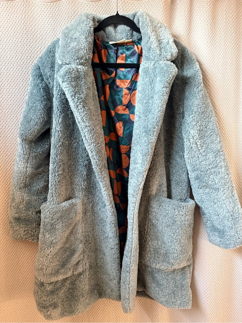 Maeve Light Blue Plush Sherpa Coat with Patterned Lining